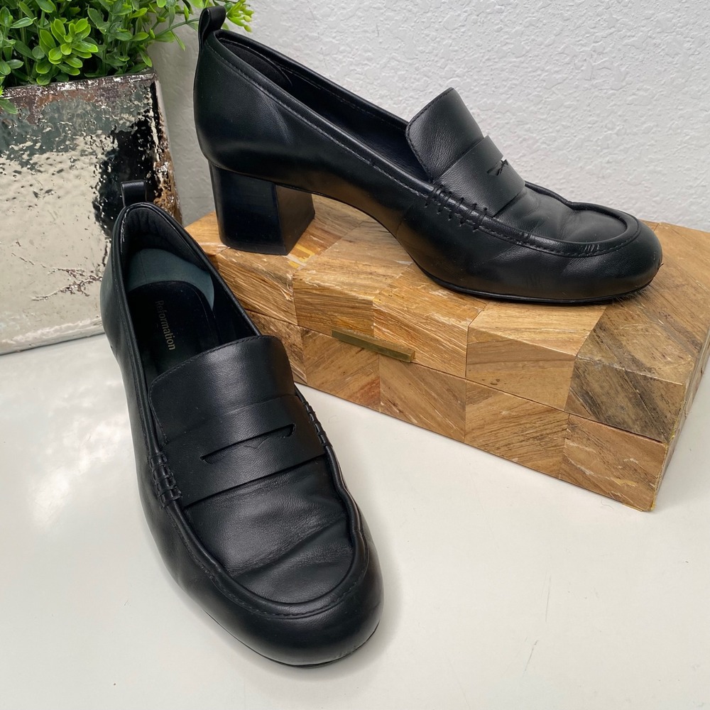 Reformation Franca Block Heeled Penny Loafer Black‎ Leather Womens Size 6